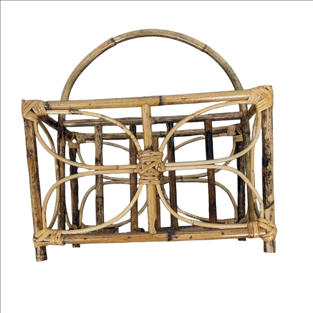 Vintage Boho Rattan Bamboo Butterfly Magazine Rack MCM - Picture 2 of 5